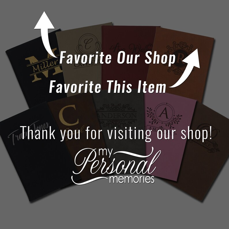 May include: A collection of personalized journals in various colors, including black, brown, and burgundy. Each journal features custom engraved initials, names, or designs. The image includes the text "Favorite Our Shop", "Favorite This Item", and "Thank you for visiting our shop!"