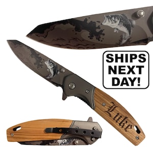 Fishing Gift for Man, Hunting Gift for Dad, Customized Pocket Knife, Custom Fishing Gift for Dad, Wood Pocket Knife with Clip 画像 1