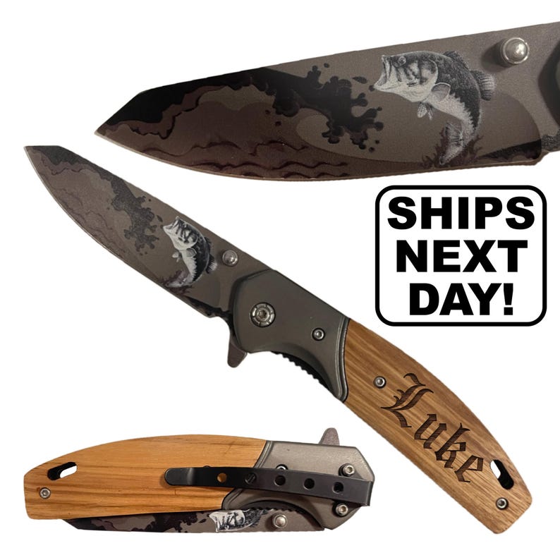Fishing Gift for Man, Hunting Gift for Dad, Customized Pocket Knife, Custom Fishing Gift for Dad, Wood Pocket Knife with Clip 画像 1