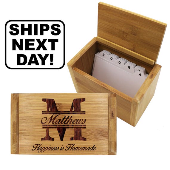 Personalized Wood Recipe Box, Engraved Recipe Box, Custom Wood Recipe Box For Wedding, Etched 4x6 Recipe Card Holder, Kitchen Gifts For Mom