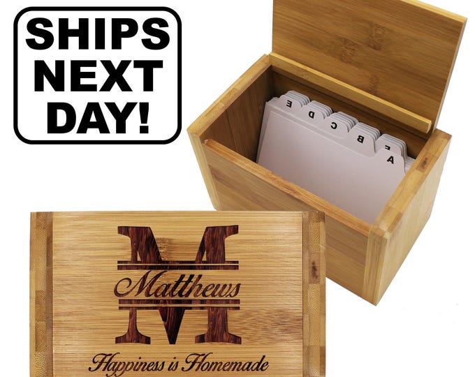 Personalized Wood Recipe Box, Engraved Recipe Box, Custom Wood Recipe Box For Wedding, Etched 4x6 Recipe Card Holder, Kitchen Gifts For Mom