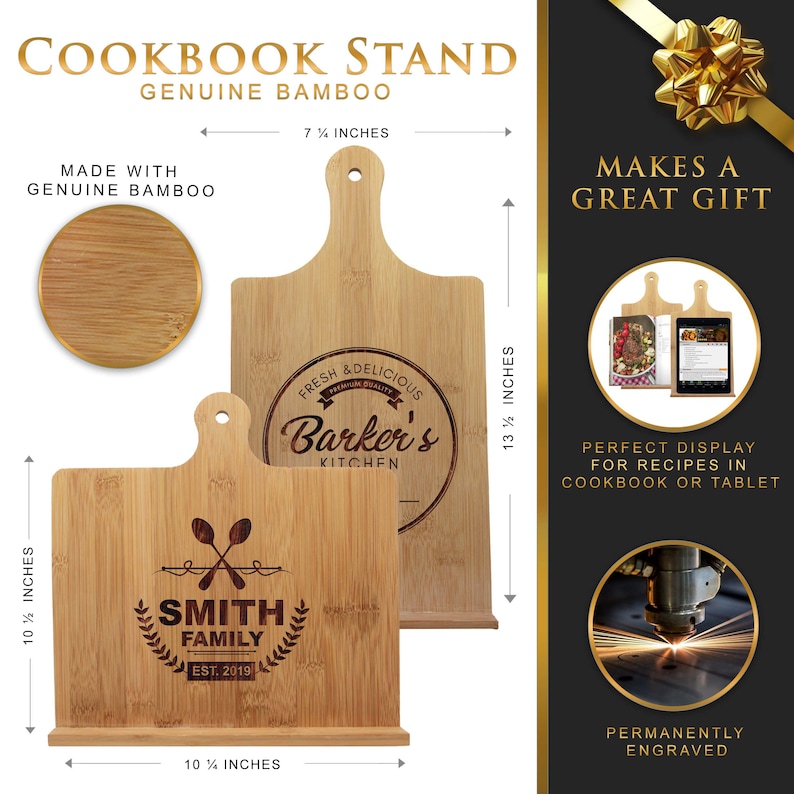 May include: Two bamboo cookbook stands with laser-engraved text and graphics. One stand measures 13.5 inches by 7.25 inches, and the other measures 10.5 inches by 10.25 inches. The stands feature a handle with a hole and a base ledge for support.