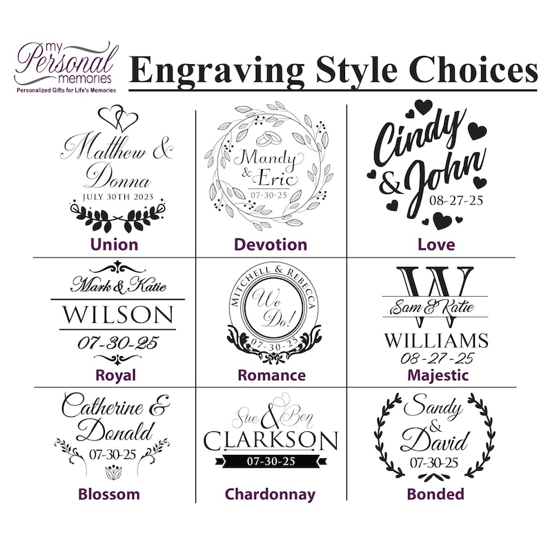 Op de afbeelding: Een raster van negen graveerstijlen in zwart-wit, gelabeld Union, Devotion, Love, Royal, Romance, Majestic, Blossom, Chardonnay en Bonded. Elke sectie toont voorbeeldnamen, datums en decoratieve elementen zoals harten en kransen.