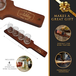 K&ouml;nnte beinhalten: Ein Holz-Wein-Flight-Board, 45.7 cm lang, mit vier Mini-Stielgl&auml;sern. Das Board ist mit dem Namen "Ashley" graviert und enth&auml;lt einen 10.2 cm breiten Abschnitt f&uuml;r ein Weinglas. Der Text "MAKES A GREAT GIFT" ist ebenfalls enthalten.