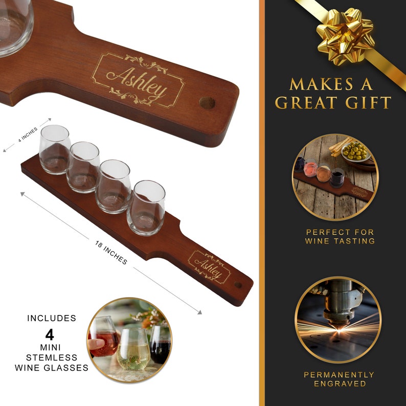 K&ouml;nnte beinhalten: Ein Holz-Wein-Flight-Board, 45.7 cm lang, mit vier Mini-Stielgl&auml;sern. Das Board ist mit dem Namen "Ashley" graviert und enth&auml;lt einen 10.2 cm breiten Abschnitt f&uuml;r ein Weinglas. Der Text "MAKES A GREAT GIFT" ist ebenfalls enthalten.