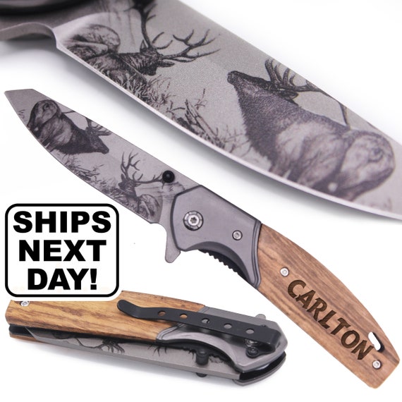 Personalized Folding Knife With Pocket Clip, Custom Engraved Pocket Knife  With Belt Clip, Customized Hunting Fishing Knife for Dad Elk Blade 