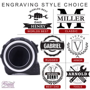May include: Black tape measure with a white rim, next to engraving style options. The options include text and graphics such as "Worlds Best Dad Henry", "Miller Classic", and "Gabriel Rugged".