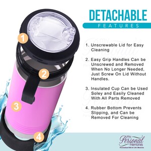 May include: A pink insulated tumbler with a black lid and handles. The lid and handles are detachable for easy cleaning. The tumbler has a rubber bottom to prevent slipping. The text "DETACHABLE FEATURES" is displayed above a list of features.