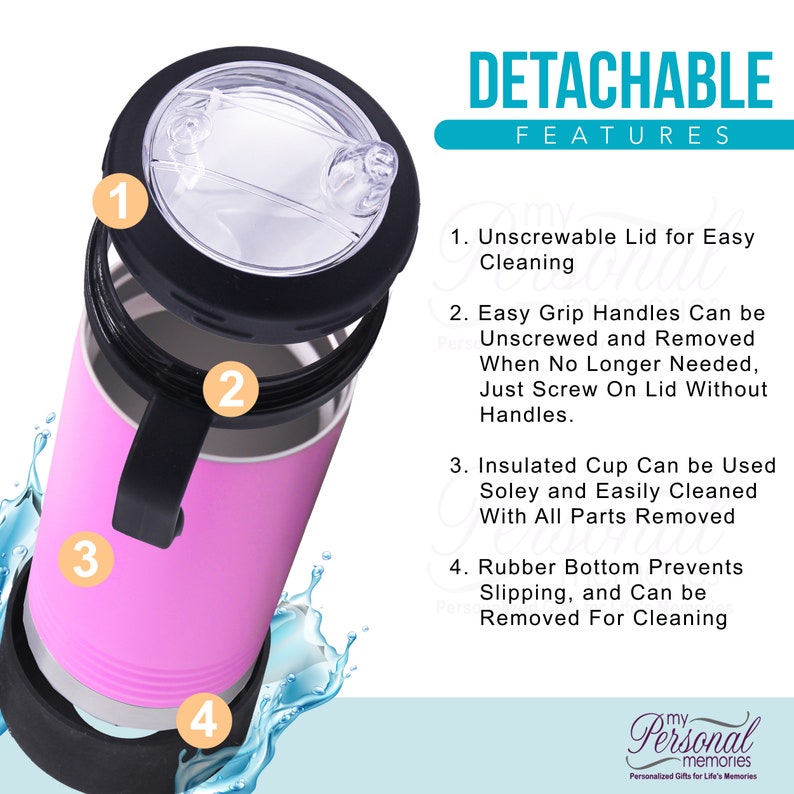 May include: A pink insulated tumbler with a black lid and handles. The lid and handles are detachable for easy cleaning. The tumbler has a rubber bottom to prevent slipping. The text "DETACHABLE FEATURES" is displayed above a list of features.