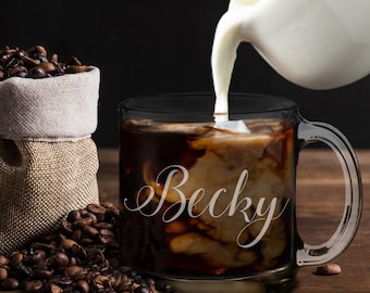Personalized Glass Coffee Mug, Clear Tea Cup, Custom Clear Coffee Mug, Glass Mug with Handle, Etched Glass Mug, Glass Tea Cup