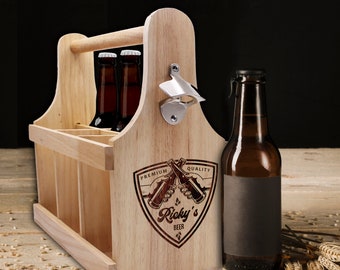 Custom 6 Pack Beer Caddy, Personalized Wood Beer Holder, Craft Beer Bottle Carrier, Beer Bottle Caddy with Bottle Opener