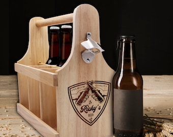 Custom 6 Pack Beer Caddy, Personalized Wood Beer Holder, Craft Beer Bottle Carrier, Beer Bottle Caddy with Bottle Opener