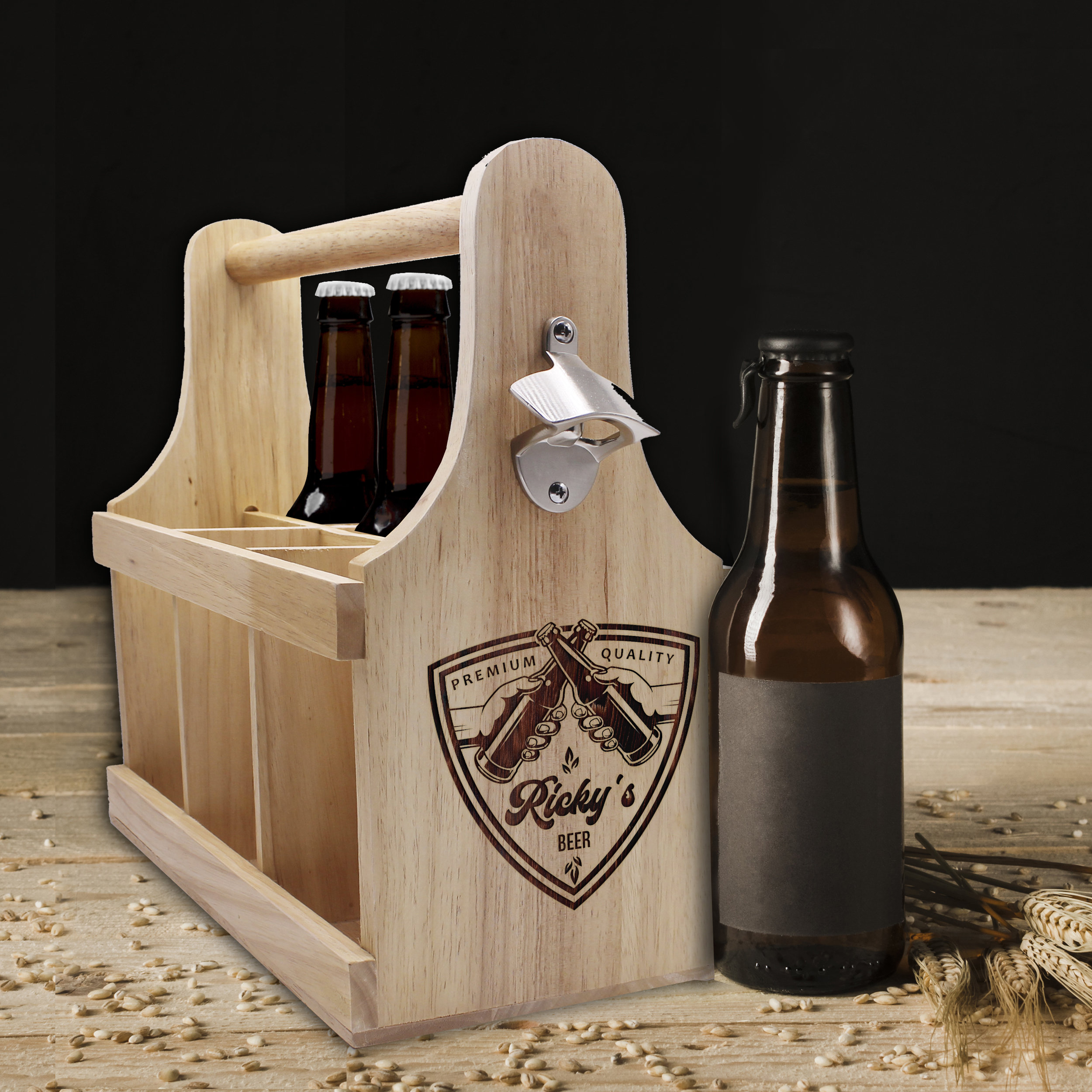 Personalized Beer Can Holder with Wooden Beer Bottle Opener