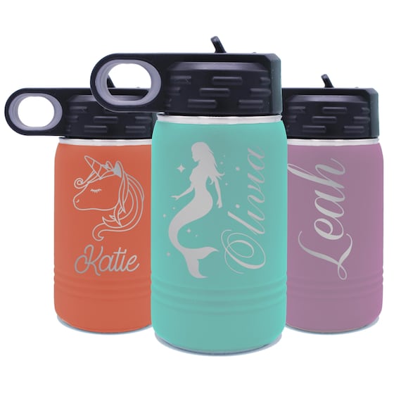 Personalized Kids Water Bottle, Double Wall Tumbler Insulated Water Bottle for Kids, Custom Water Bottle with Name and Straw - Premium 12 oz