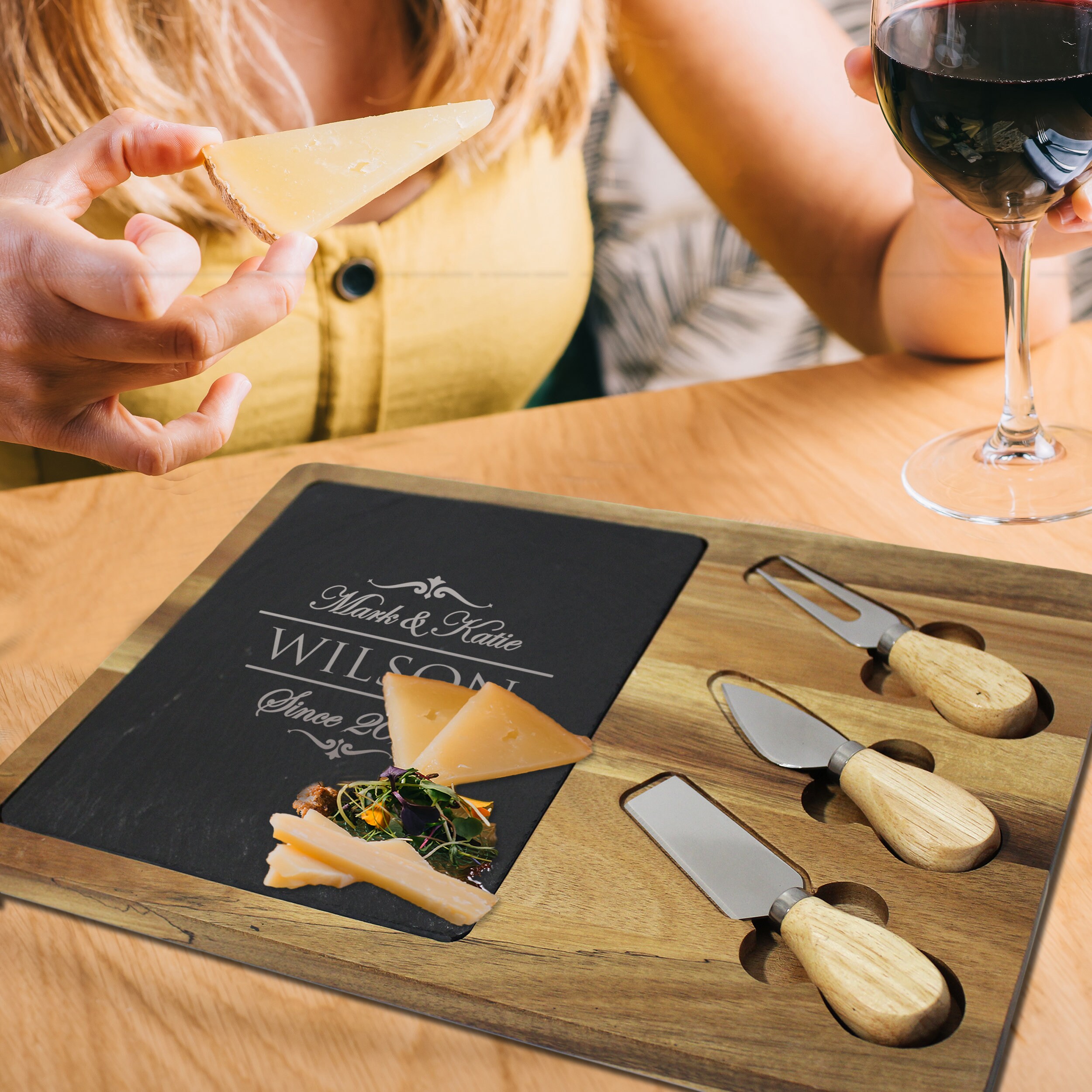 Personalized Acacia and Slate Cheese Serving Board, Custom Charcuterie ...