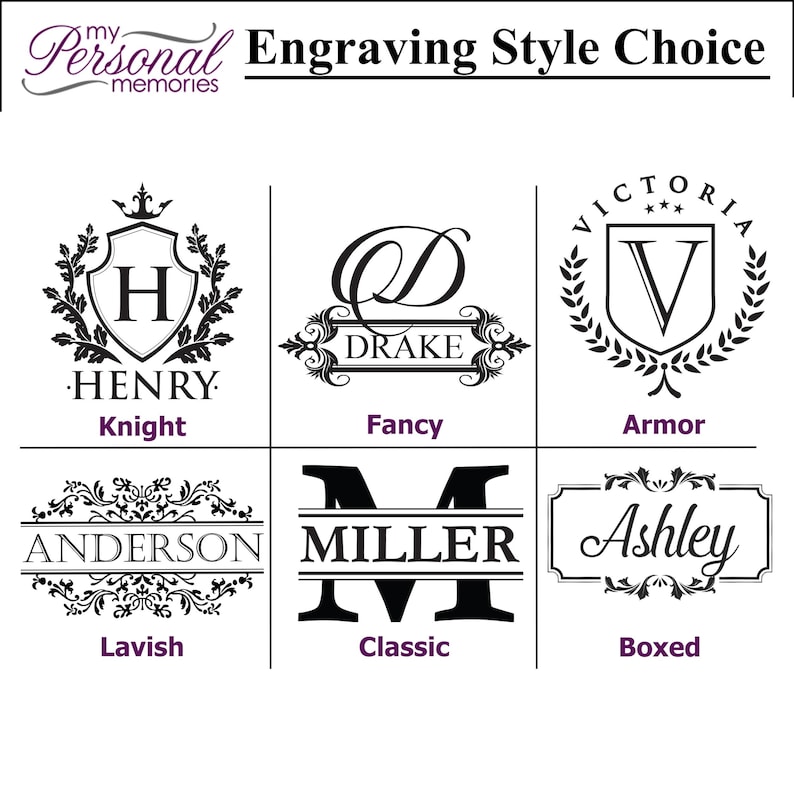 Może przedstawiać: Grafika przedstawiająca r&oacute;żne style grawerowania dla spersonalizowanych prezent&oacute;w. Style obejmują Rycerza, Fantazję, Zbroję, Luksusowy, Klasyczny i Opakowany. Każdy styl jest pokazany z przykładową nazwą i wzorem.