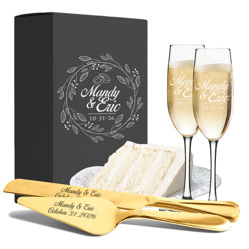 Personalized Wedding Cake Cutting Set: Wedding Cake Cutter Champagne Set with Custom Engraved Gift Box image 4