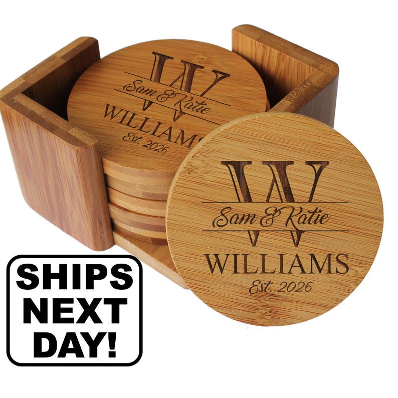 Coasters with Holder, Custom Coasters Set with Holder, Custom Coasters Wedding Gift, Personalized Coasters with Holder, Bamboo Wood Coasters bild 1