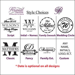 May include: A graphic showing different design styles for personalized gifts. The styles include script, initial + names, family swoosh, wedding circle, classic, fancy, family est., and custom. The text "Date is optional on all designs" is at the bottom of the graphic.