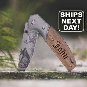 Custom Engraved Folding Knife with Belt Clip, Personalized Hunting Fishing Knive for Men - Bass or Elk Blade