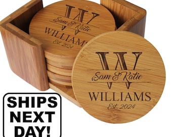 Housewarming Gift, Engraved Coasters, Personalized Wedding Coasters, Coaster Set of 6, Wedding Gifts for Couple, Bamboo Drink Coasters