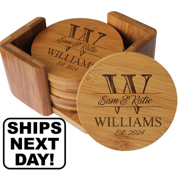Housewarming Gift, Engraved Coasters, Personalized Wedding Coasters, Coaster Set of 6, Wedding Gifts for Couple, Bamboo Drink Coasters