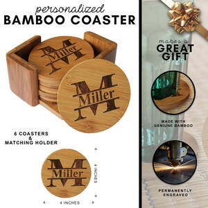 May include: A set of six round bamboo coasters with a matching holder. Each coaster features a laser-engraved letter M with the name Miller centered across it. The coasters are 4 inches by 4 inches. The text reads personalized BAMBOO COASTER.