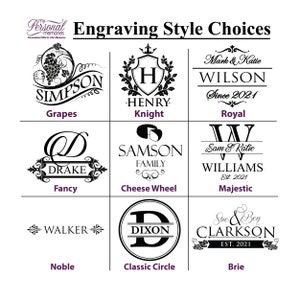 May include: Nine different engraving styles for personalized gifts.  The styles include Grapes, Knight, Royal, Fancy, Cheese Wheel, Majestic, Noble, Classic Circle, and Brie.  Each style is shown with a sample name and date.
