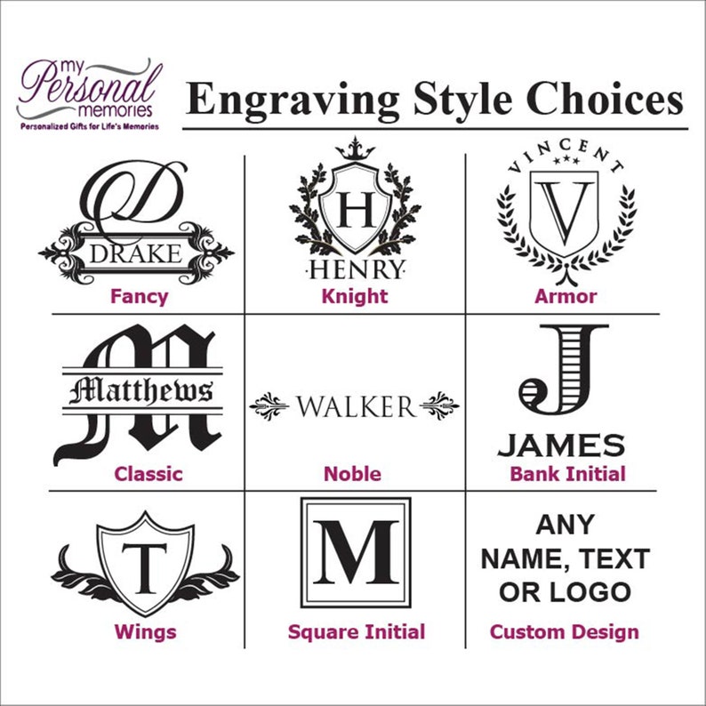 May include: Image showcasing engraving style choices for personalized gifts. Options include "Fancy," "Knight," "Armor," "Classic," "Noble," "Bank Initial," "Wings," "Square Initial," and "Custom Design." The image features various monogram and initial designs.