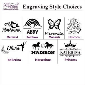 May include: A grid of black and white engraving style choices featuring icons and names including Mermaid, Rainbow, Monarch, Unicorn, Ballerina, Horseshoe, and Princess. The top text reads My Personal Memories and Engraving Style Choices.