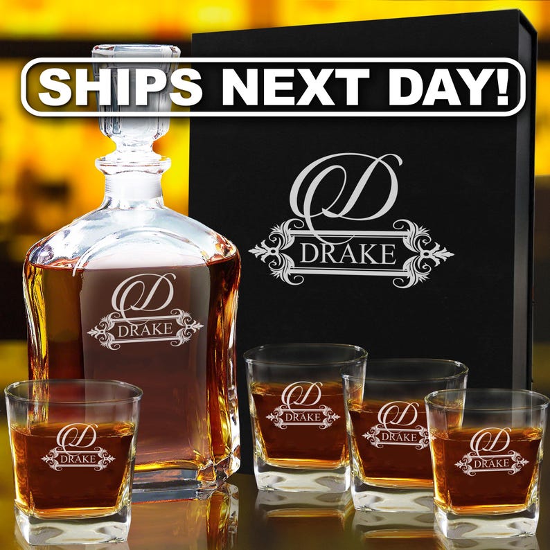 Personalized Whiskey Decanter Set for Couples, Engraved Wedding Gift for Bride and Groom, Custom Housewarming Gift for New Home image 1