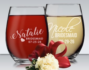 Bridesmaid Stemless Wine Glasses, Personalized Wine Glass, Bridesmaid Gift, Custom Wine Glasses,  Wine Glasses Personalized, Etched Stemless