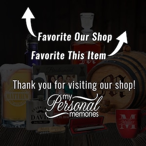 May include: A collection of personalized gifts, such as a beer glass, hip flask, photo frame, and a red mug. The image includes text that says "Favorite Our Shop", "Favorite This Item", and "Thank you for visiting our shop!"