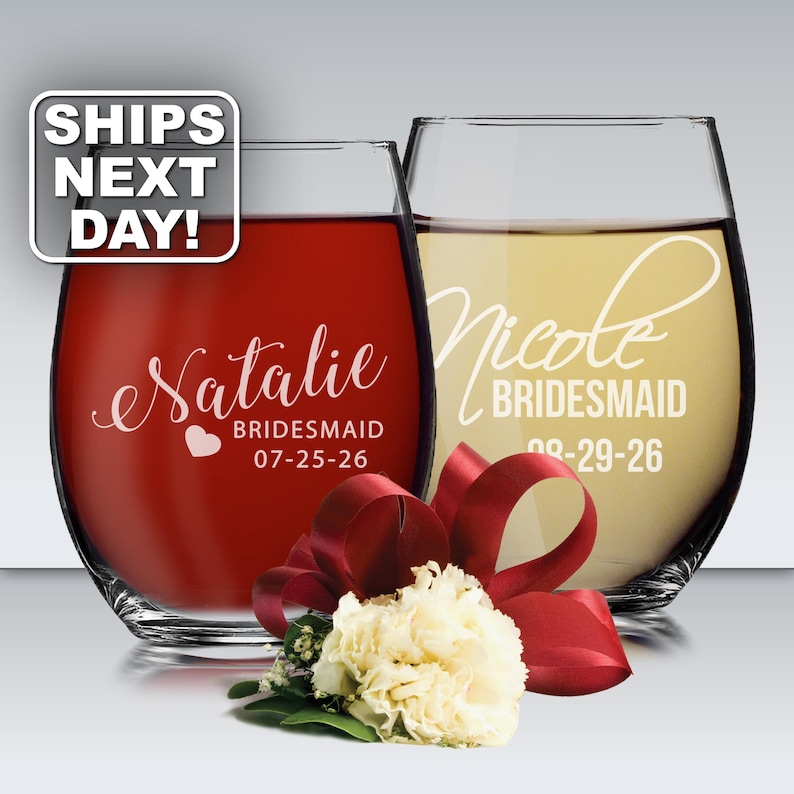 Personalized Stemless Wine Glasses, Etched Wine Glasses, Custom Wine Glasses, Bridesmaid Gift, Bridesmaid Stemless Wine Glasses image 1