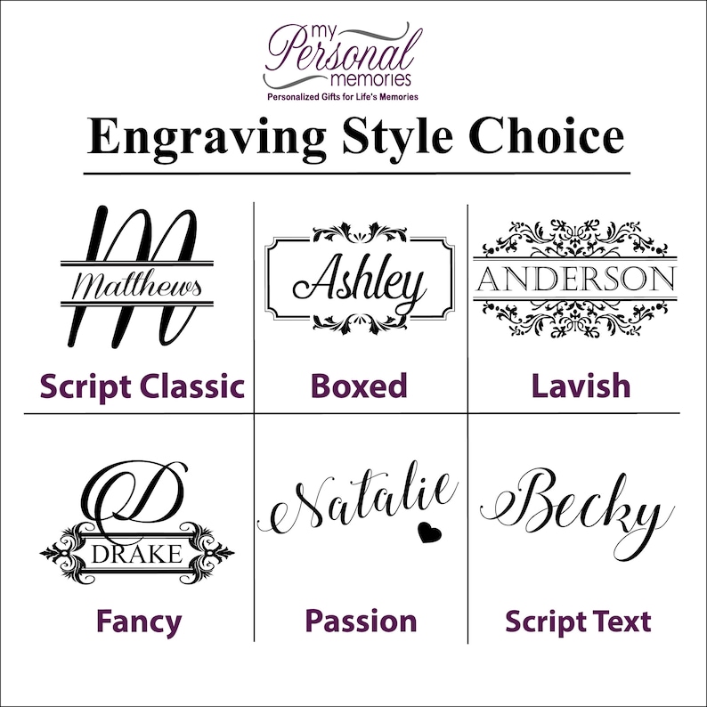 K&ouml;nnte beinhalten: Bild mit Gravurstil-Optionen f&uuml;r personalisierte Geschenke. Stile umfassen Script Classic, Boxed, Lavish, Fancy, Passion und Script Text. Jeder Stil zeigt ein Beispiel f&uuml;r einen Namen oder ein Wort in dekorativer Schrift.