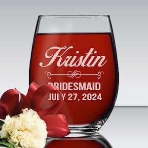 Custom Stemless Wine Glasses, Personalized Wine Glasses, Bridesmaid Gift, Bridesmaid Wine Glasses, Etched Wine Glasses, Engraved Wine Glass image 1
