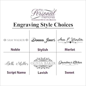 Puede incluir: Imagen que muestra opciones de estilo de grabado para regalos personalizados. Las opciones incluyen "Noble", "Stylish", "Merlot", "Script Name", "Lavish" y "Sweet". Cada estilo se demuestra con un nombre de muestra, como "Sam Walker" u "Olivia Baker".