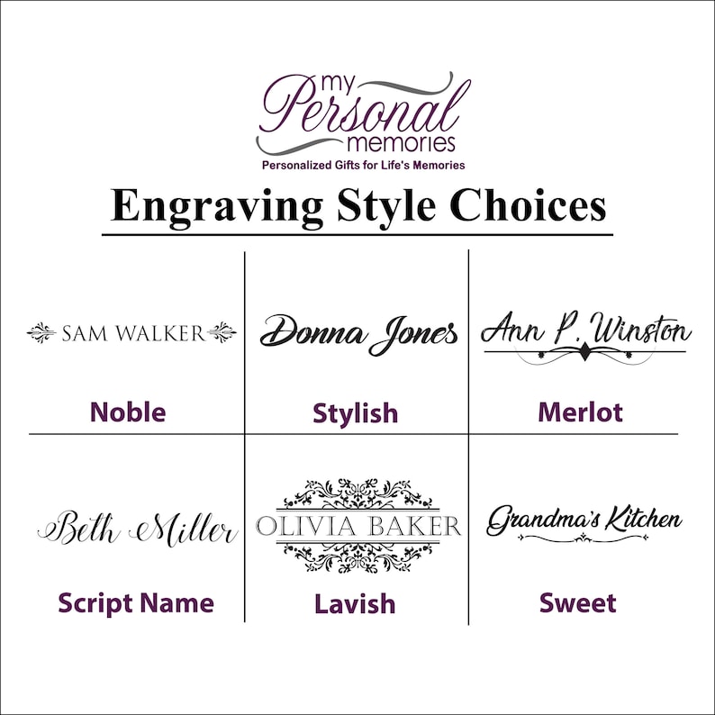 Puede incluir: Imagen que muestra opciones de estilo de grabado para regalos personalizados. Las opciones incluyen "Noble", "Stylish", "Merlot", "Script Name", "Lavish" y "Sweet". Cada estilo se demuestra con un nombre de muestra, como "Sam Walker" u "Olivia Baker".