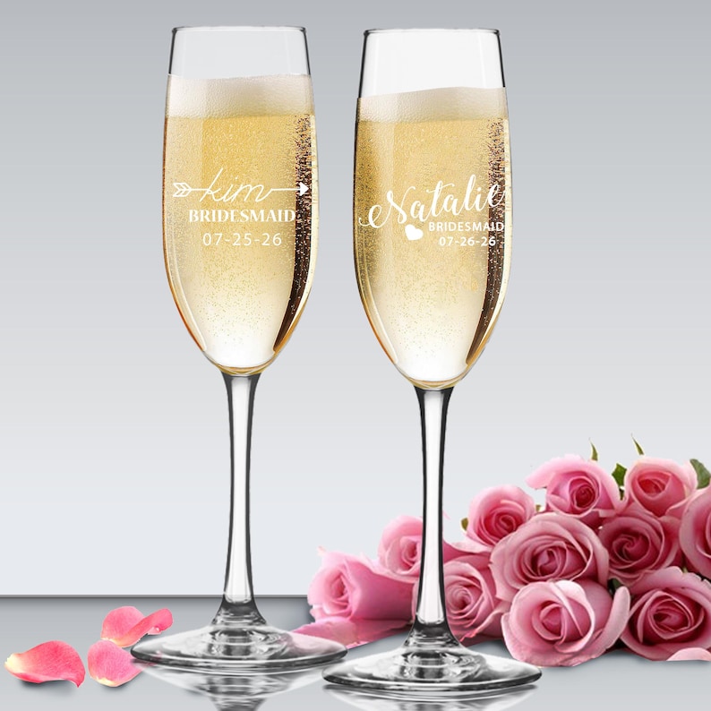 Personalized Champagne Glasses for Bridesmaids, Wedding Champagne Flutes, Bridesmaid Champagne Flute, Bridesmaid Flute Glasses image 1
