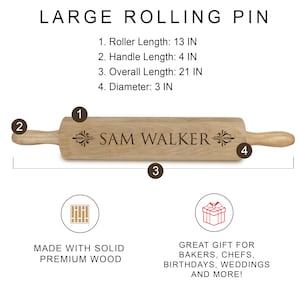 Puede incluir: Un rodillo de madera grande con el nombre "SAM WALKER" grabado. El rodillo mide 33 cm de largo, con un mango de 10 cm y una longitud total de 53 cm. El di&aacute;metro es de 7,6 cm. El texto dice "HECHO CON MADERA MACIZA PREMIUM" y "&iexcl;GRAN REGALO PARA PANADEROS, CHEFS, CUMPLEA&Ntilde;OS, BODAS Y M&Aacute;S!"