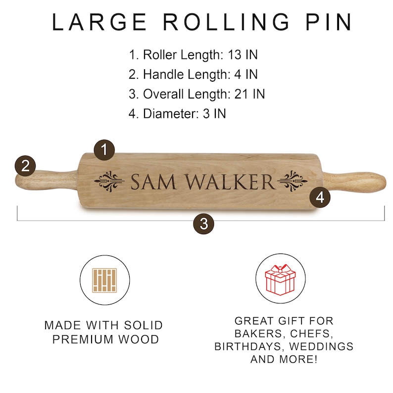 Puede incluir: Un rodillo de madera grande con el nombre "SAM WALKER" grabado. El rodillo mide 33 cm de largo, con un mango de 10 cm y una longitud total de 53 cm. El di&aacute;metro es de 7,6 cm. El texto dice "HECHO CON MADERA MACIZA PREMIUM" y "&iexcl;GRAN REGALO PARA PANADEROS, CHEFS, CUMPLEA&Ntilde;OS, BODAS Y M&Aacute;S!"