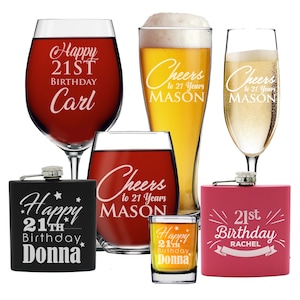 21st Birthday Gift, Custom 21st Birthday Glass, Personalized 21st Birthday Shot Glass, Customized 21st Birthday Flask, Birthday Flute image 1