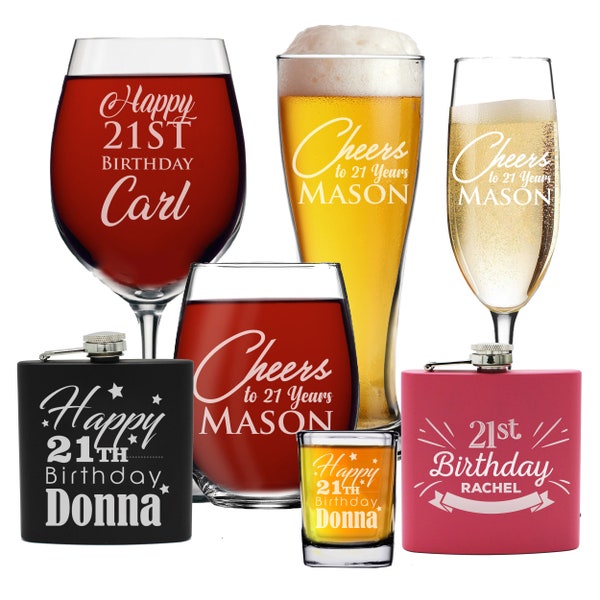 21st Birthday Gift, Custom 21st Birthday Glass, Personalized 21st Birthday Shot Glass, Customized 21st Birthday Flask, Birthday Flute