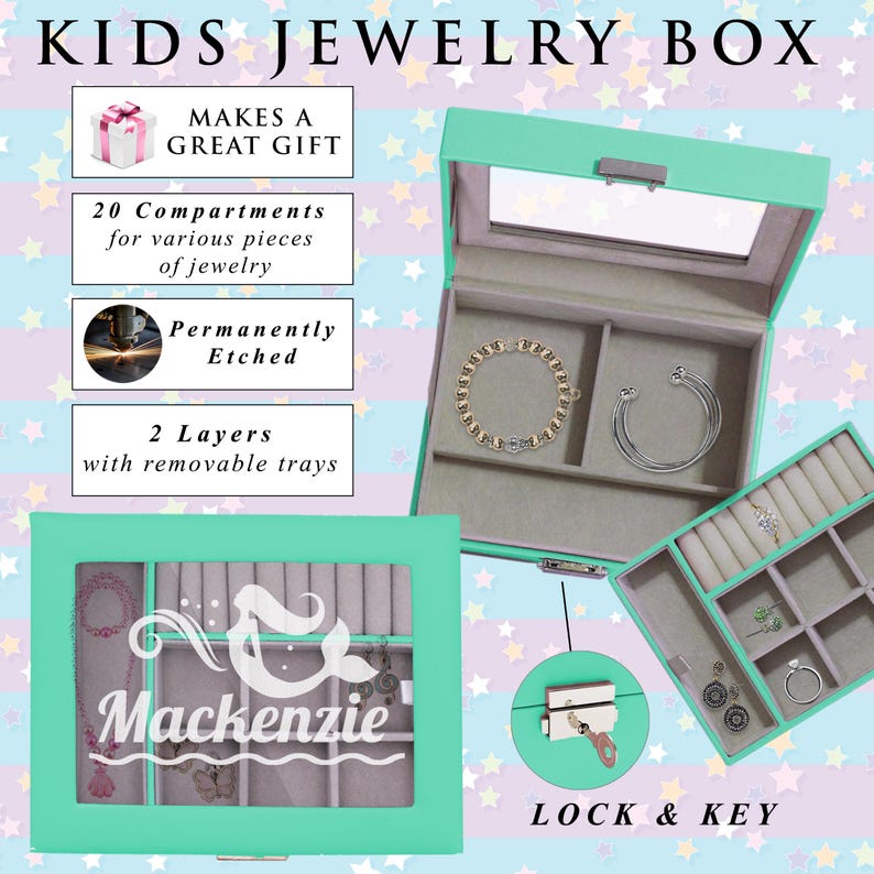 Mermaid Jewelry Box, Etched Jewelry Box for Girls, Girls Jewelry Box Monogram, Little Girl Jewelry Gift Box, 6th, 7th Birthday Gift for Girl image 3