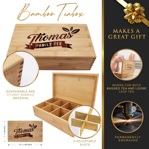 K&ouml;nnte beinhalten: Eine rechteckige Tee-Box aus Bambus mit Klappdeckel, die den lasergravierten Text Thomas Family Tea tr&auml;gt. Die Box enth&auml;lt acht verstellbare F&auml;cher und ist 31,75 cm lang. Die nat&uuml;rliche Holzmaserung ist auf der gesamten Oberfl&auml;che sichtbar.