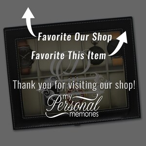 May include: Black leather watch display case with a clear glass top. The case contains several watches with brown and black leather straps. Text on the case reads "Favorite Our Shop", "Favorite This Item", and "Thank you for visiting our shop!"