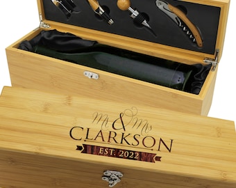 Personalized Wine Box, Ceremony Wine Box, Wooden Wine Box, Wine Gifts for Couple, Engraved Wine Box Wedding, Wine Box with Latch and Tools