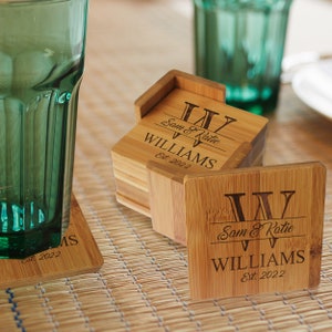 Housewarming Gift, Engraved Coasters, Personalized Wedding Coasters, Coaster Set of 6, Wedding Gifts for Couple, Bamboo Drink Coasters image 4