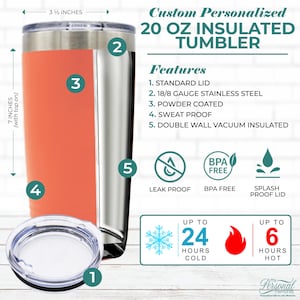 May include: A 20 ounce stainless steel insulated tumbler with a coral pink interior. The tumbler features a standard lid, is leak proof, BPA free, and splash proof. It keeps drinks cold for up to 24 hours and hot for up to 6 hours.