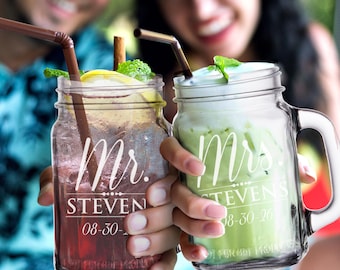 Personalized Mr & Mrs Mason Jar Set, Anniversary Gift